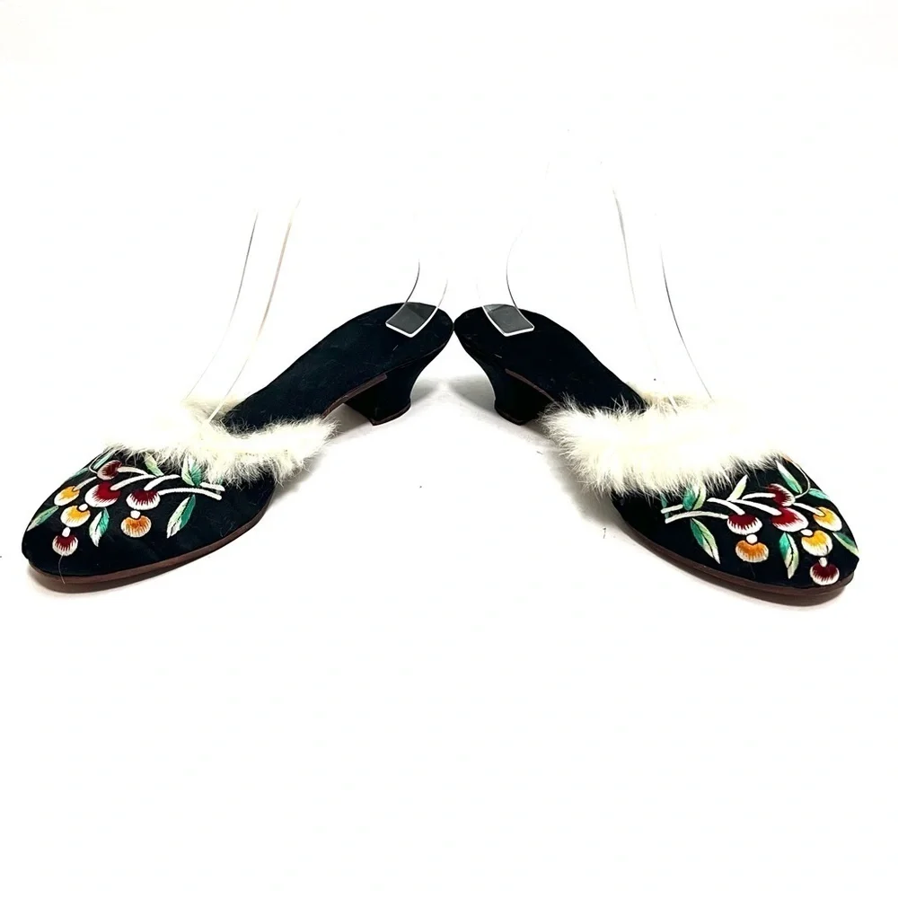 Antique 1920s black silk satin fur trim floral embroidered boudoir slippers
